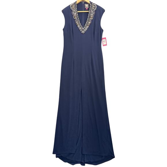 Vince Camuto Beaded Nay Blue V Neck Maxi Formal Evening Dress Women 10 - Picture 1 of 11